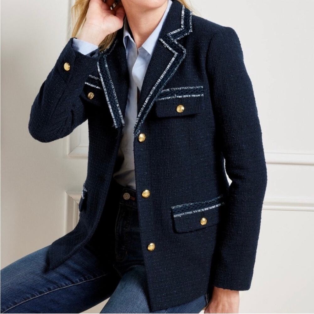 Talbots Tweed Jacket Blue Gold Buttons Contrast Trim Sz 8 Preppy Classic Office